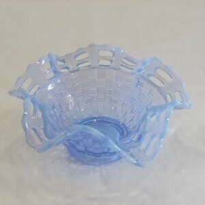 Vintage Fenton Blue Opalescent Glass Basket Weave Bowl Reticulated Laced Edge